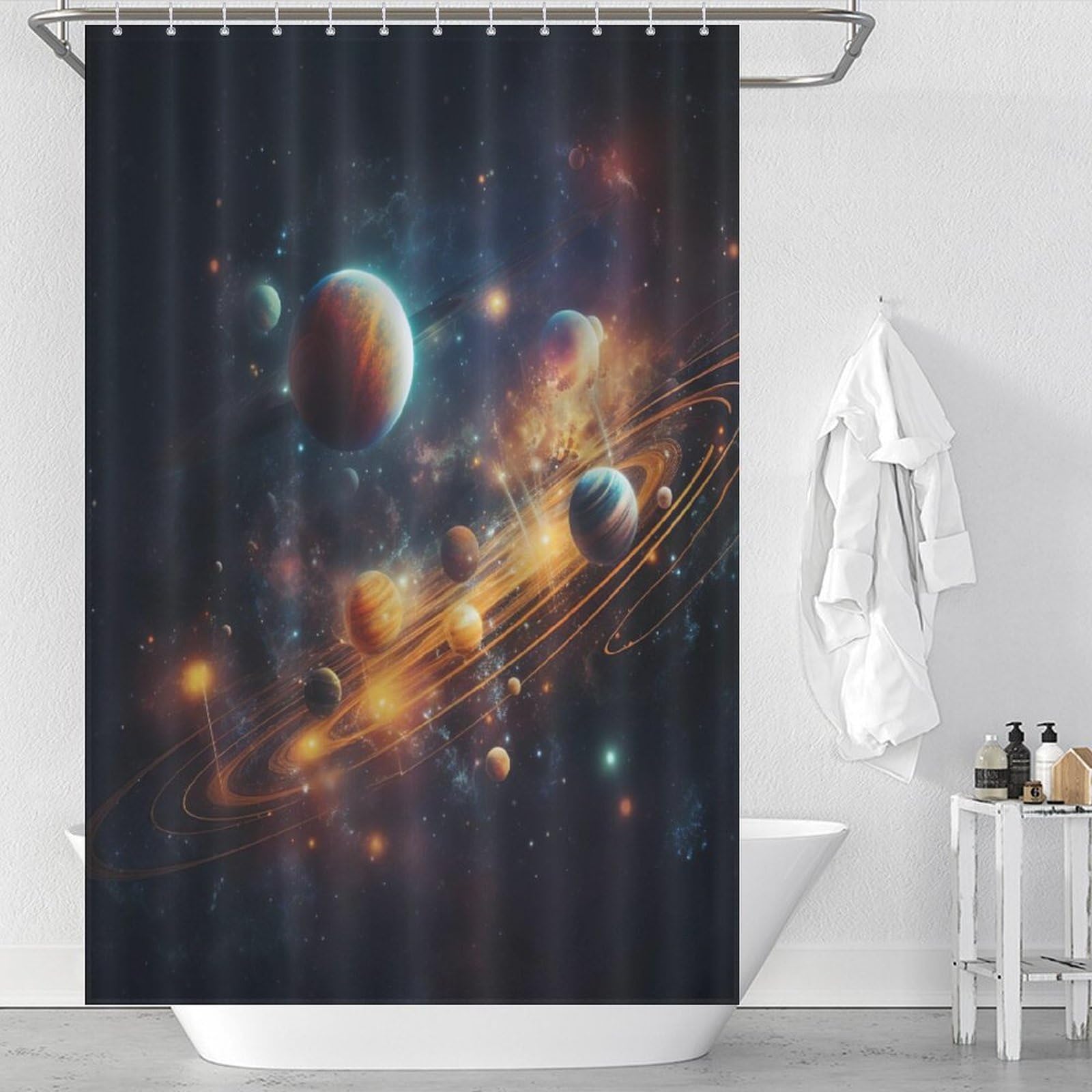Rideau de douche ciel étoilé polyester imperméable lavable avec 12 crochets 122x183cm