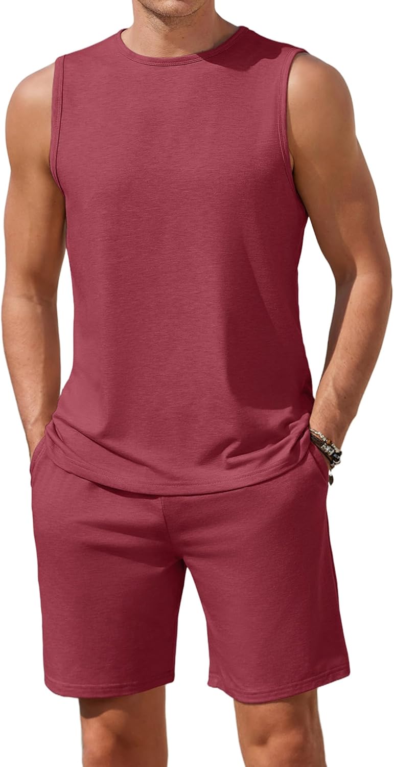 Ekouaer Men's Pajamas Set Workout Tank Top Pjs Sets with Shorts 2 Piece Soft Sleeveless Casual Sleep Shirts Loungewear S-XXL