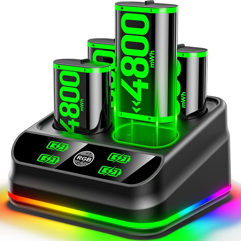 Rysker 4x4800mWh Batería Recargable para Xbox con Cargador, Paquete de Baterías de Controlador con Estación de Carga para Controladores Xbox One/S/X/Elite para Juegos Xbox One