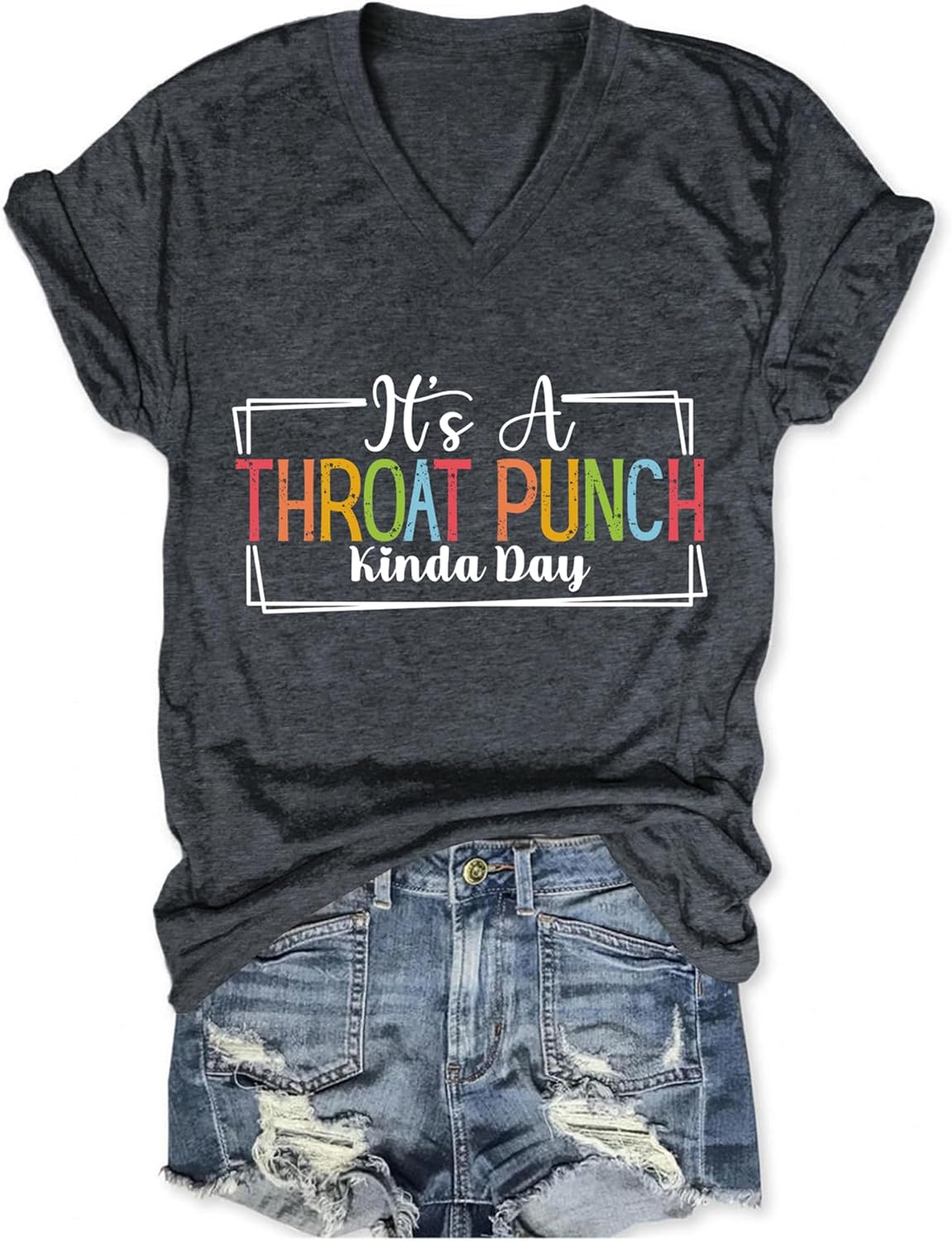 It's A Throat Punch Kinda Day T Shirts for Women Funny Tshirts V Neck Short Sleeve Casual Tops Sarcastic T-Shirts