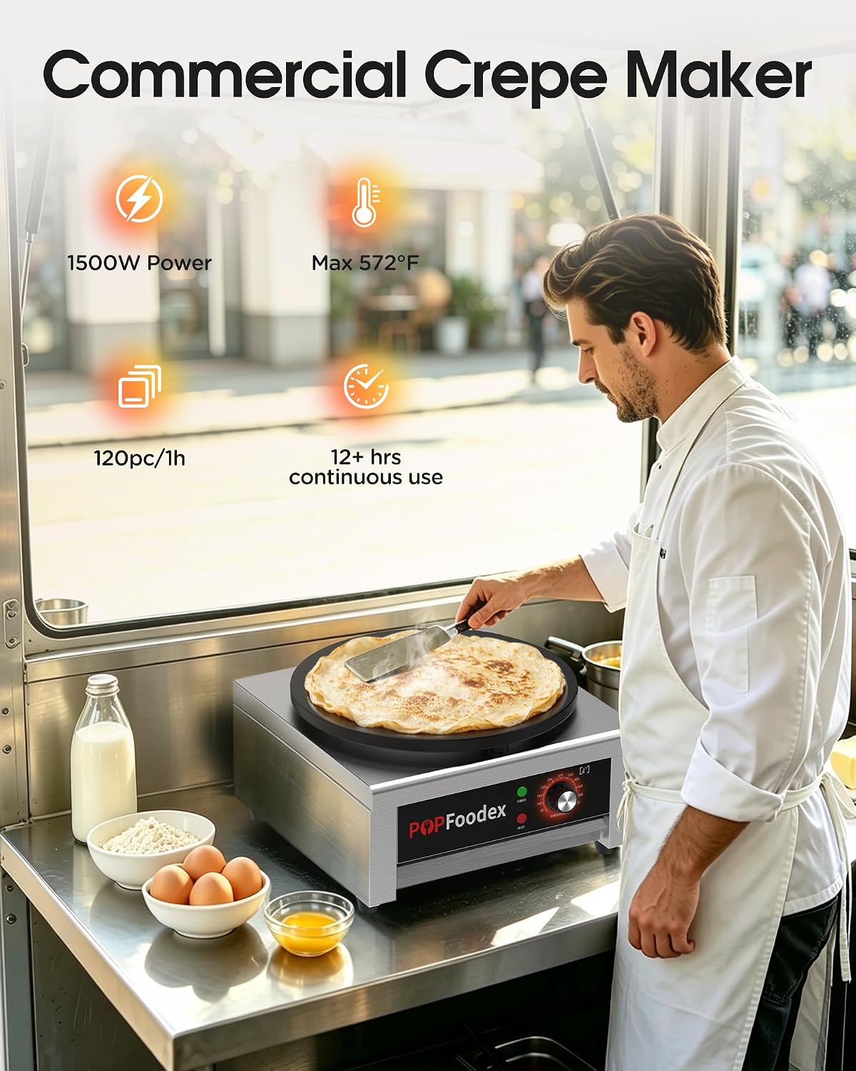 Commercial Crepe Maker - Independent Temperature Control, 1500W Electric Crepe Machine, 16 Inch Pancake Making Machine w/Nonstick Stainless Steel Plate, for Commercial Kitchen Use
