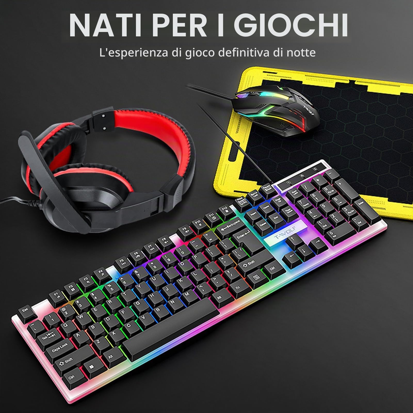 docooler Cuffie da gioco con tastiera e mouse combinate con tappetino per mouse Cuffie da gioco 1000 con mouse retroilluminato colorato ad alta velocità di movimento con microfono