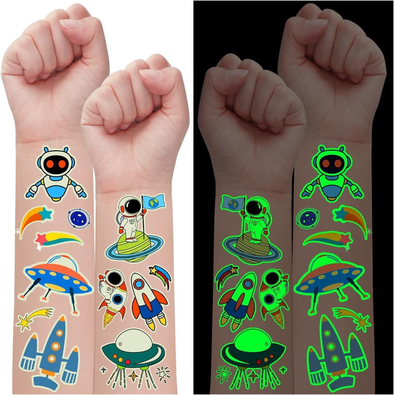 Partywind 290 Styles (30 Sheets) Luminous Space Tattoos for Kids Party Decorations, Glow Outer Space Party Supplies Favors with Astronaut/Rocket/Planet, Kids Games for Glow Party