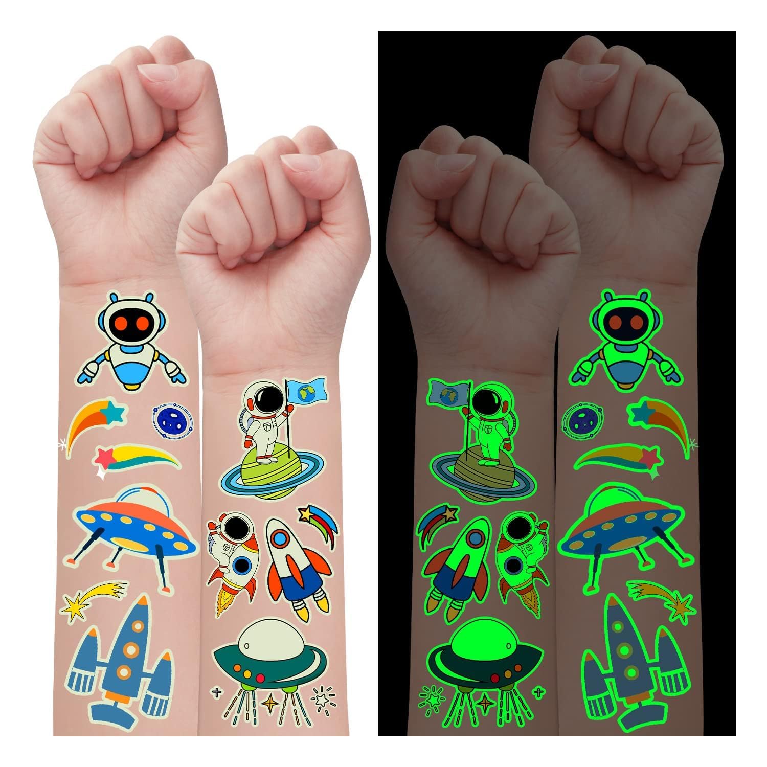Partywind 290 Styles (30 Sheets) Luminous Space Tattoos for Kids Party Decorations, Glow Outer Space Party Supplies Favors with Astronaut/Rocket/Planet, Kids Games for Glow Party