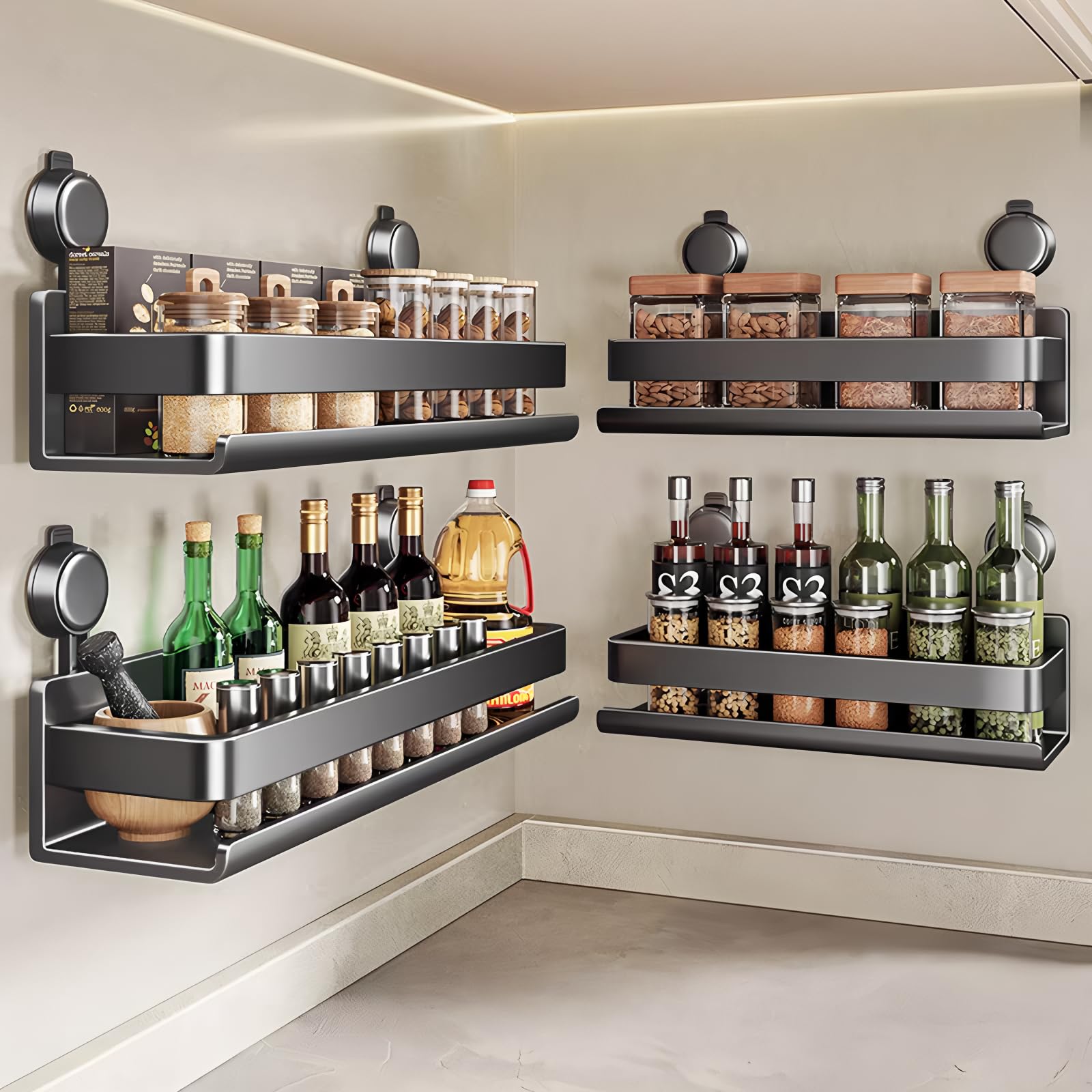 Gewürzregal Wandmontage mit Saugnäpfen - Ohne Bohren Platzsparende Küchenaufbewahrungslösung (2er Set) - Ideal für Kräuter, Gewürze und Gewürze