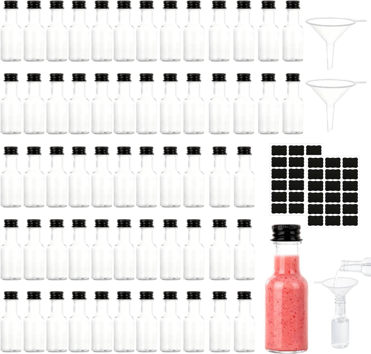 YUDAWN 60 Pack Mini Plastic Bottles, 25ml Small Miniature Alcohol Bottle Empty Mini Reusable Shot Bottles with Lids Funnels Stickers for Wedding Party Spirit