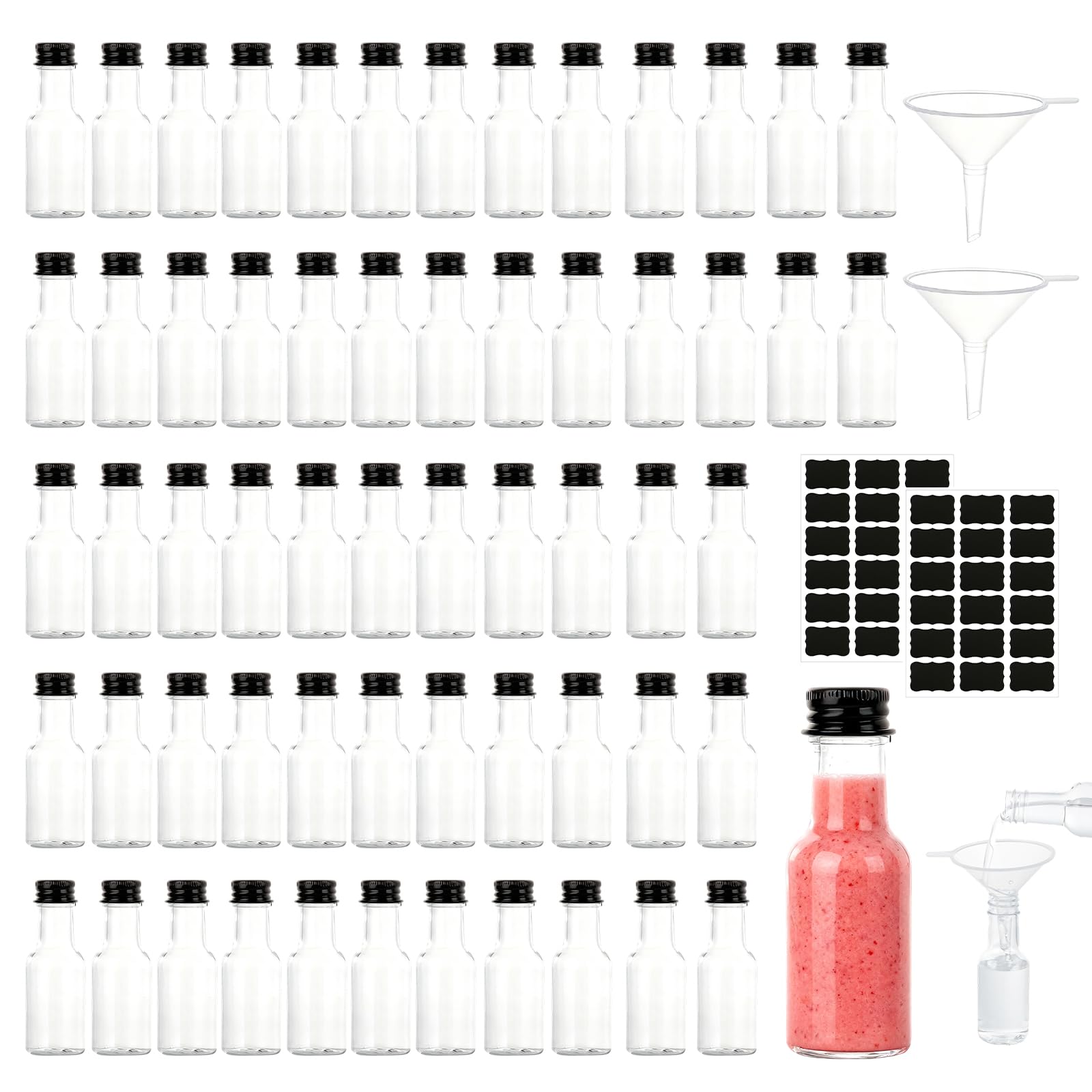 YUDAWN 60 Pack Mini Plastic Bottles, 25ml Small Miniature Alcohol Bottle Empty Mini Reusable Shot Bottles with Lids Funnels Stickers for Wedding Party Spirit
