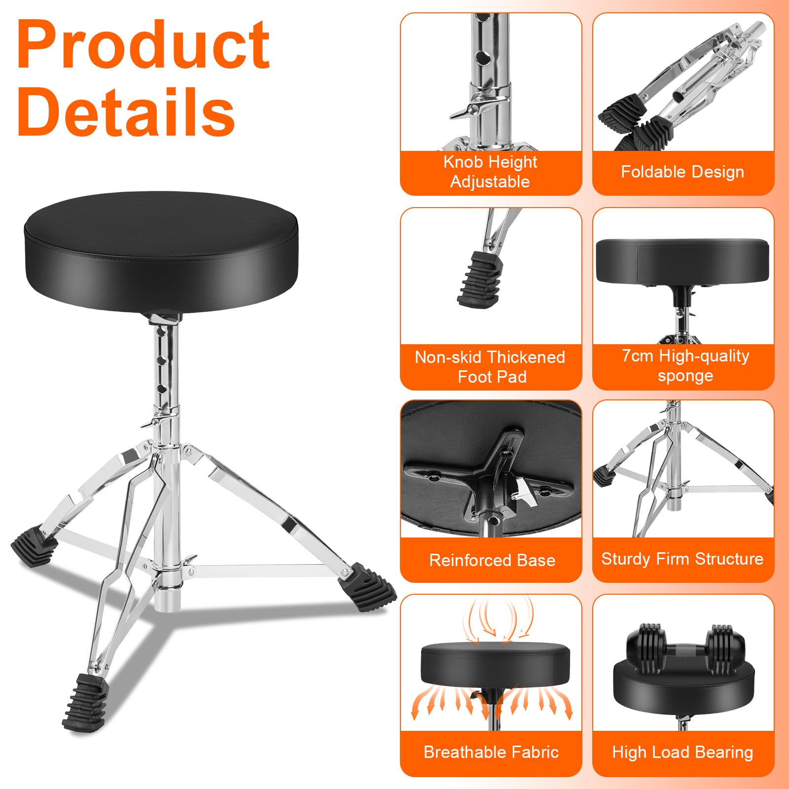 AKOZLIN Drum Throne, sgabello per batteria regolabile in altezza da 42 a 56 cm, con piedini antiscivolo, sedile pieghevole imbottito con bacchetta, per bambini e adulti