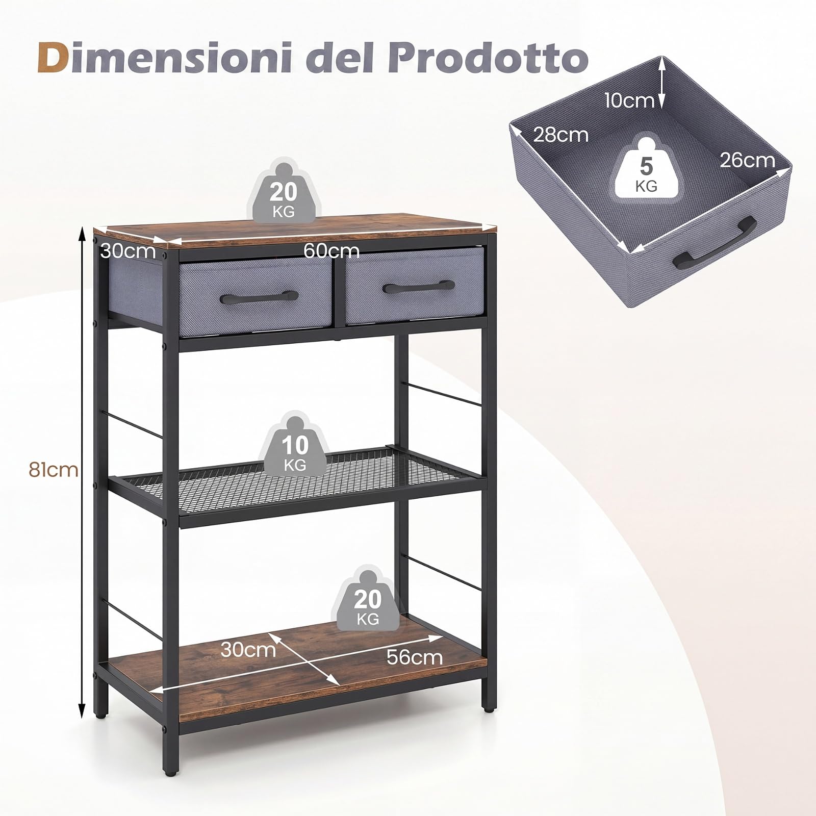 COSTWAY Tavolino Salotto Stretto, Tavolo Consolle da Ingresso con 2 Cassetti in Tessuto e 2 Ripiani Aperti, Comodino Moderno in Legno per Soggiorno, Corridoio e Camera da Letto, 60x30x81 cm (Marrone)
