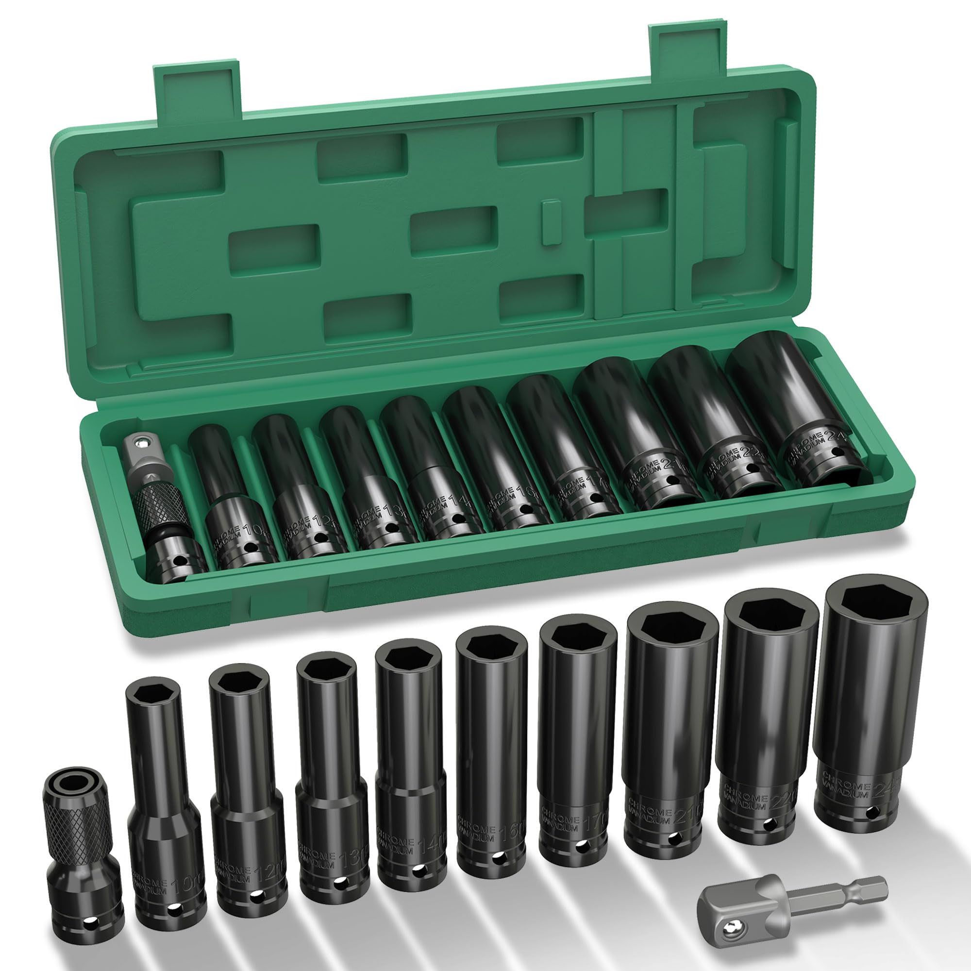 KeZaara 1/2" Impact Socket Set, 11 Pcs Deep Sockets 10-24mm with 2 Adapters — image 1