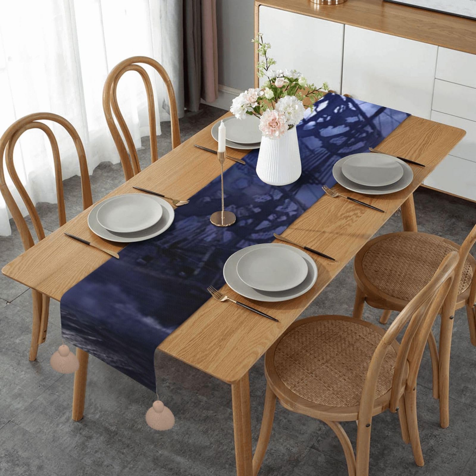 Chemin de table en lin imprimé bateau de pirate et lune 35x152 cm