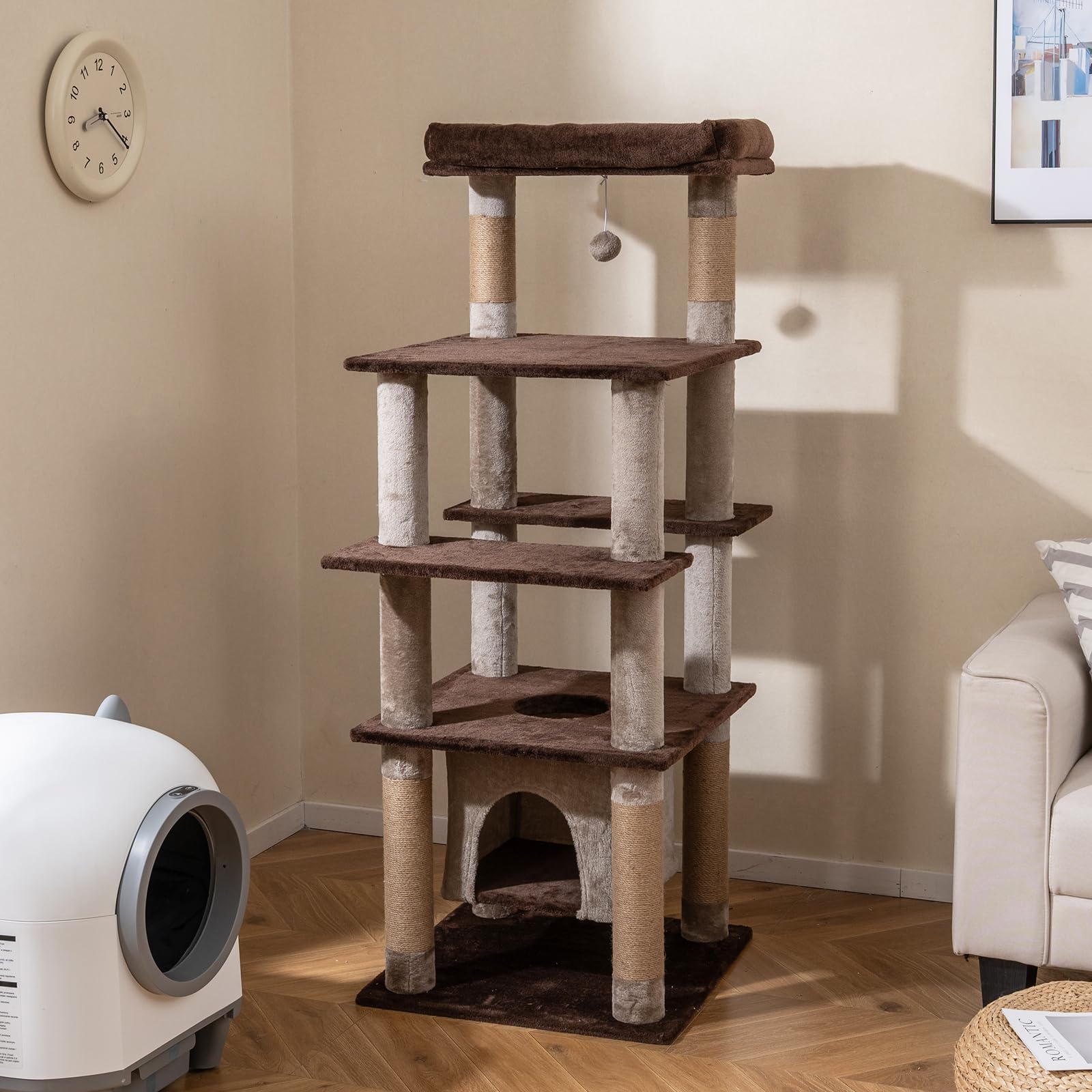 COSTWAY Rascador para Gatos Grandes, Árbol Rascador para Gatos Multinivel, Altura 148 cm con Condominio, Percha de Peluche, Postes Rascadores, Agujero, Pompón y Plataformas, Torre Gato de Interior