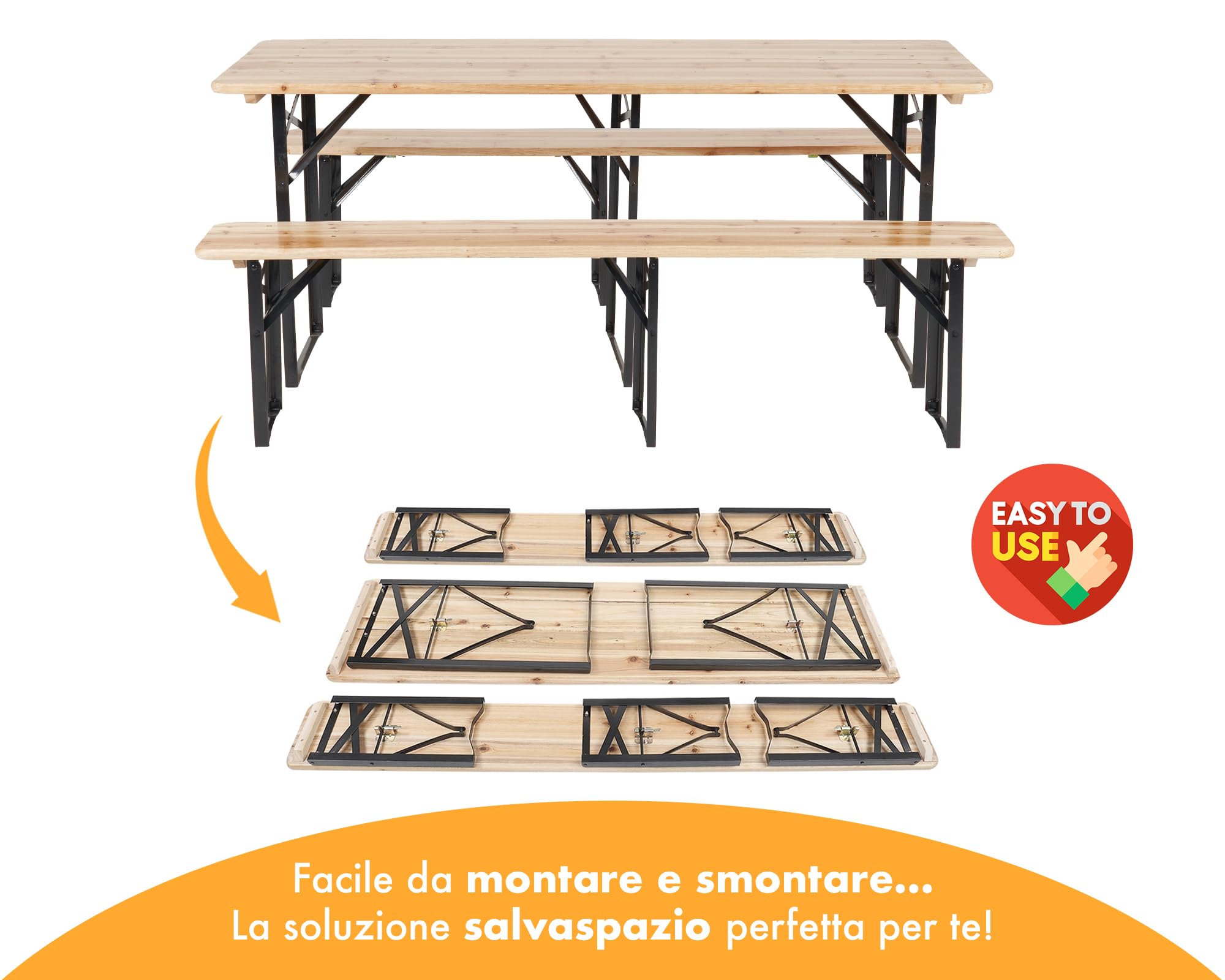 IlGruppone Set Birreria XXL 220x70 cm 10 Posti – Tavolo Pieghevole con 2 Panche in Legno di Abete e Acciaio Rinforzato – Set 3 Pezzi Richiudibile e Salvaspazio per Feste, Sagre, Giardino e Outdoor