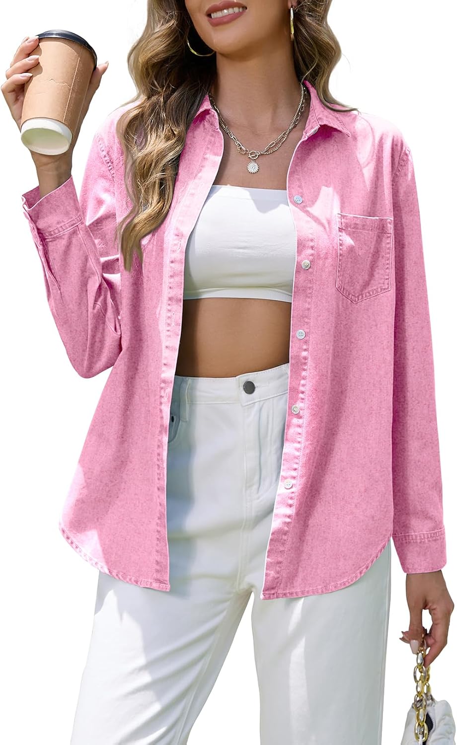 Denim Shirt Women Chambray Western Shirts Casual Long Sleeve Button Down Jean Tops