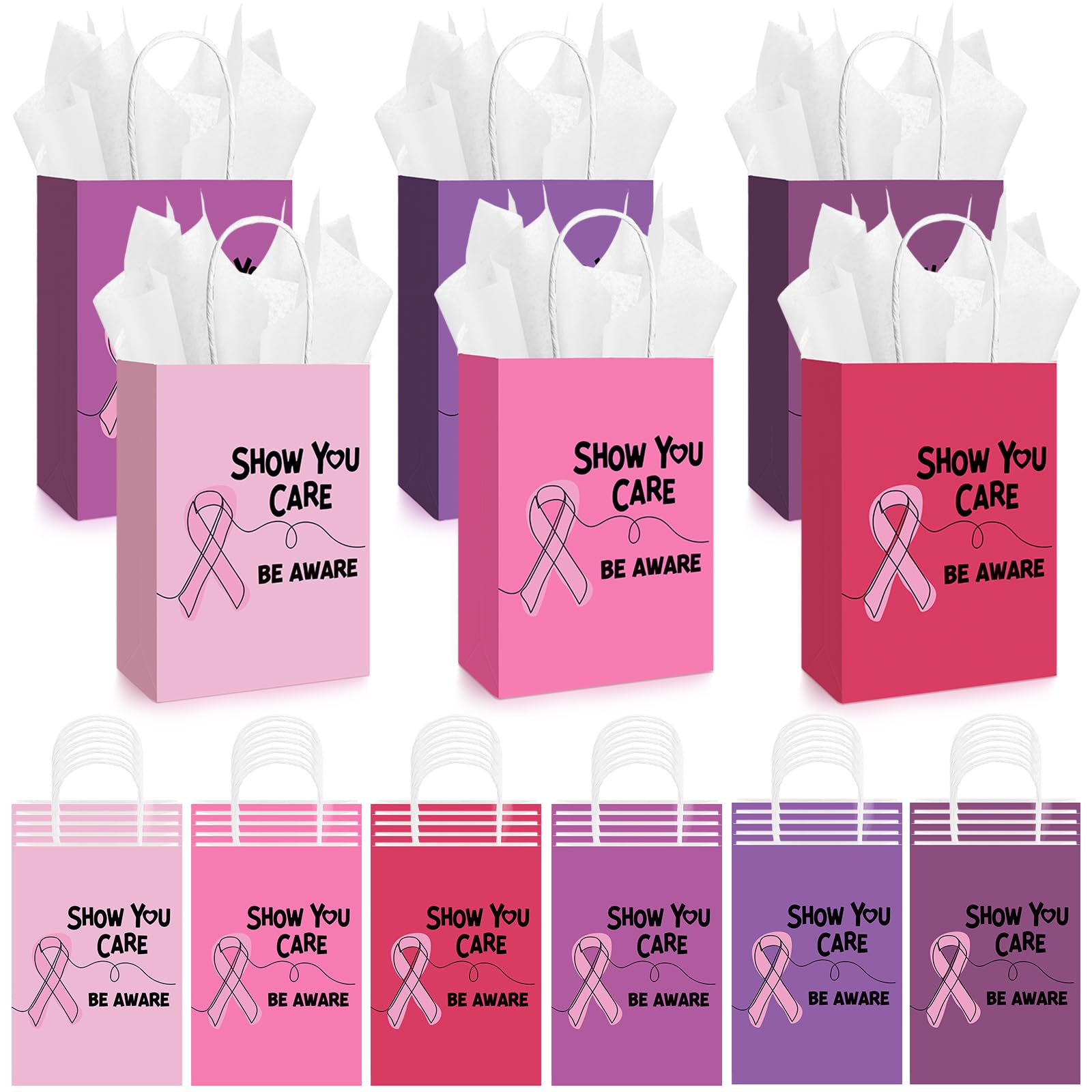Abbylike 18 Pcs Breast Cancer Awareness Gift Bags with Handle 6 Styles Pink Ribbon Cancers Fighter Gifts Bags with Tissue Paper for Women Breast Cancer Awareness Party Supplies