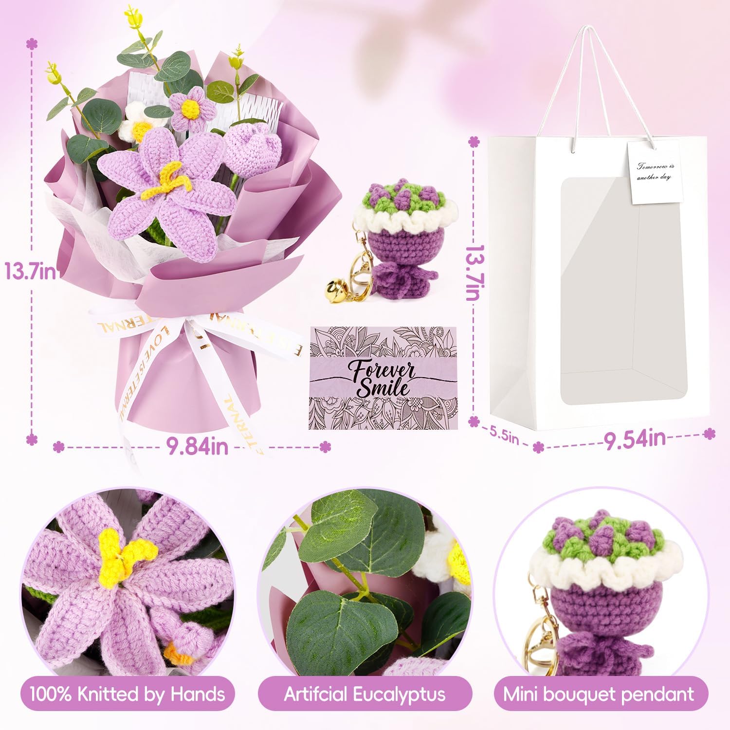Purple crochet flower bouquet,hand-knitted tulips,knitted floral gift,perfect for Valentines Day,Birthday Mother's Day Graduation Gifts. (Includes: crocheted flower pendant,gift bag,and greeting card)