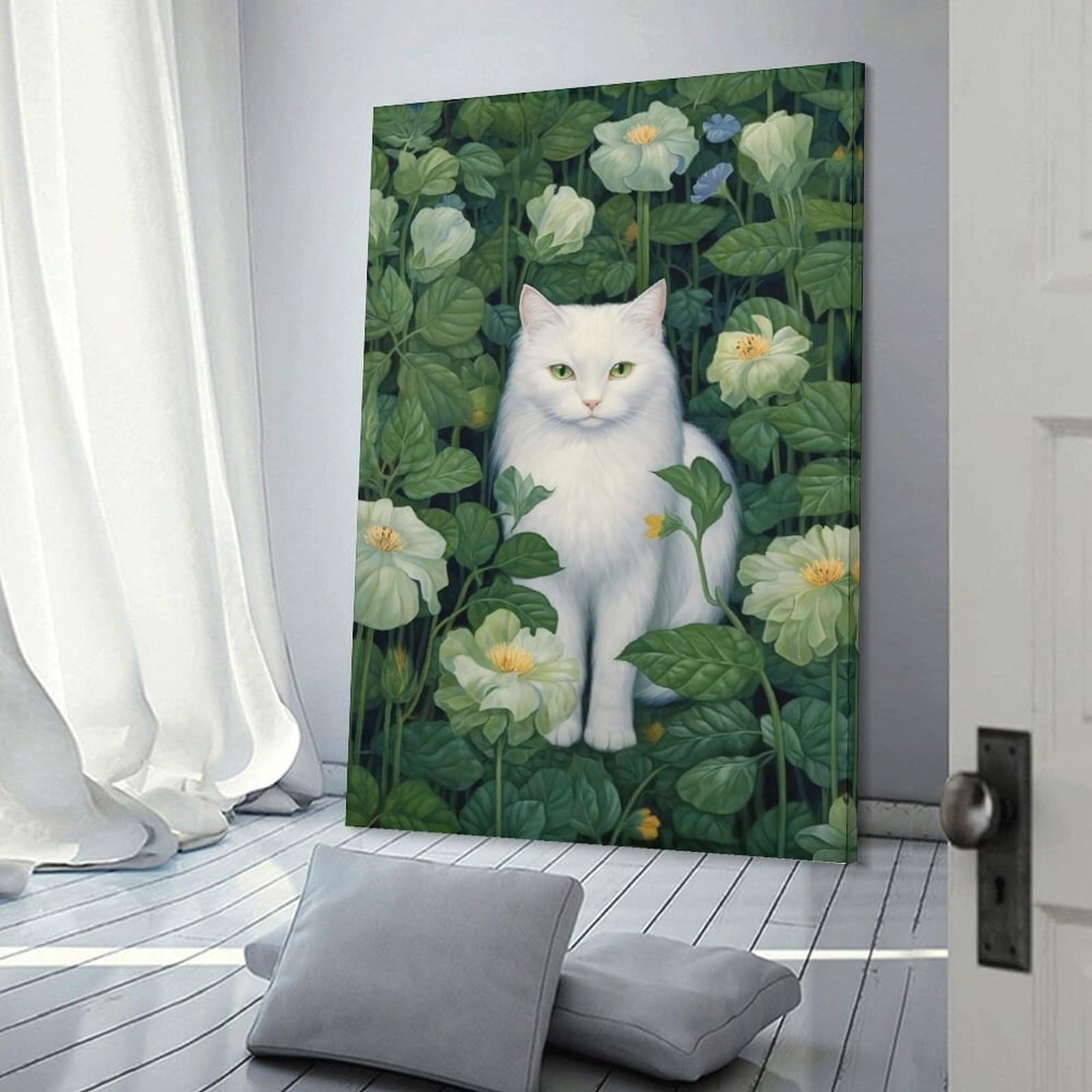 Junmoney White Cat Among Flowers Canvas Wall Decor, 24x36inch(60x90cm), for Bedroom, Guest Room Or Reading Nook, Canvas Wall Decor for Personal Spaces