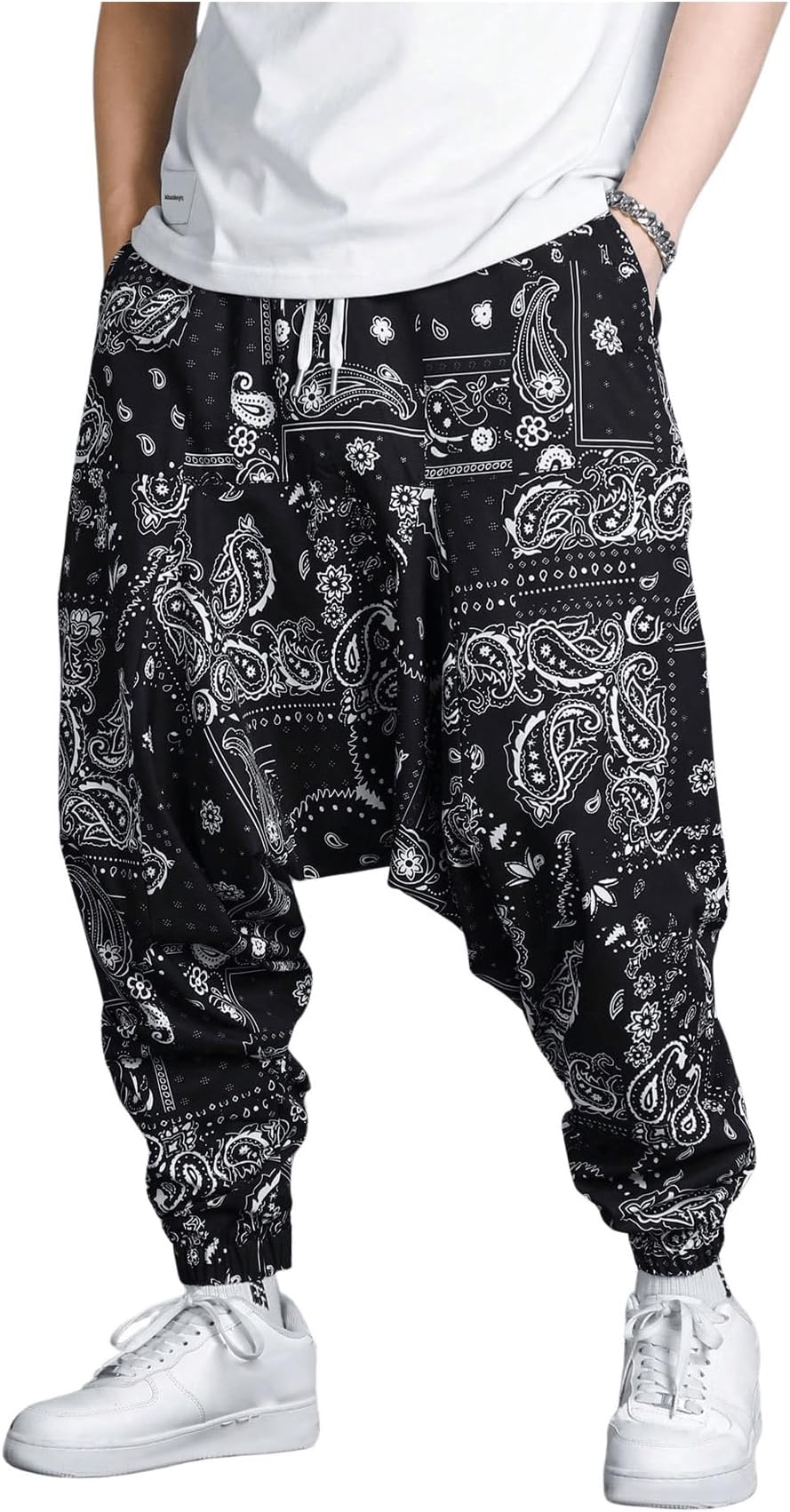 Men's Color Block Patchwork Baggy Harem Pants Drawstring Elastic Waist Hippie Pants with Pockets Streetwear