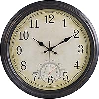 Keureedg 16 Inch Waterproof Outdoor Wall Clock with Thermometer - Silent Non-Ticking Vintage Quartz Clock, Black Bronze Home Decor