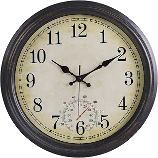 Keureedg 16 Inch Waterproof Outdoor Wall Clock with Thermometer - Silent Non-Ticking Vintage Quartz Clock, Black Bronze Home Decor
