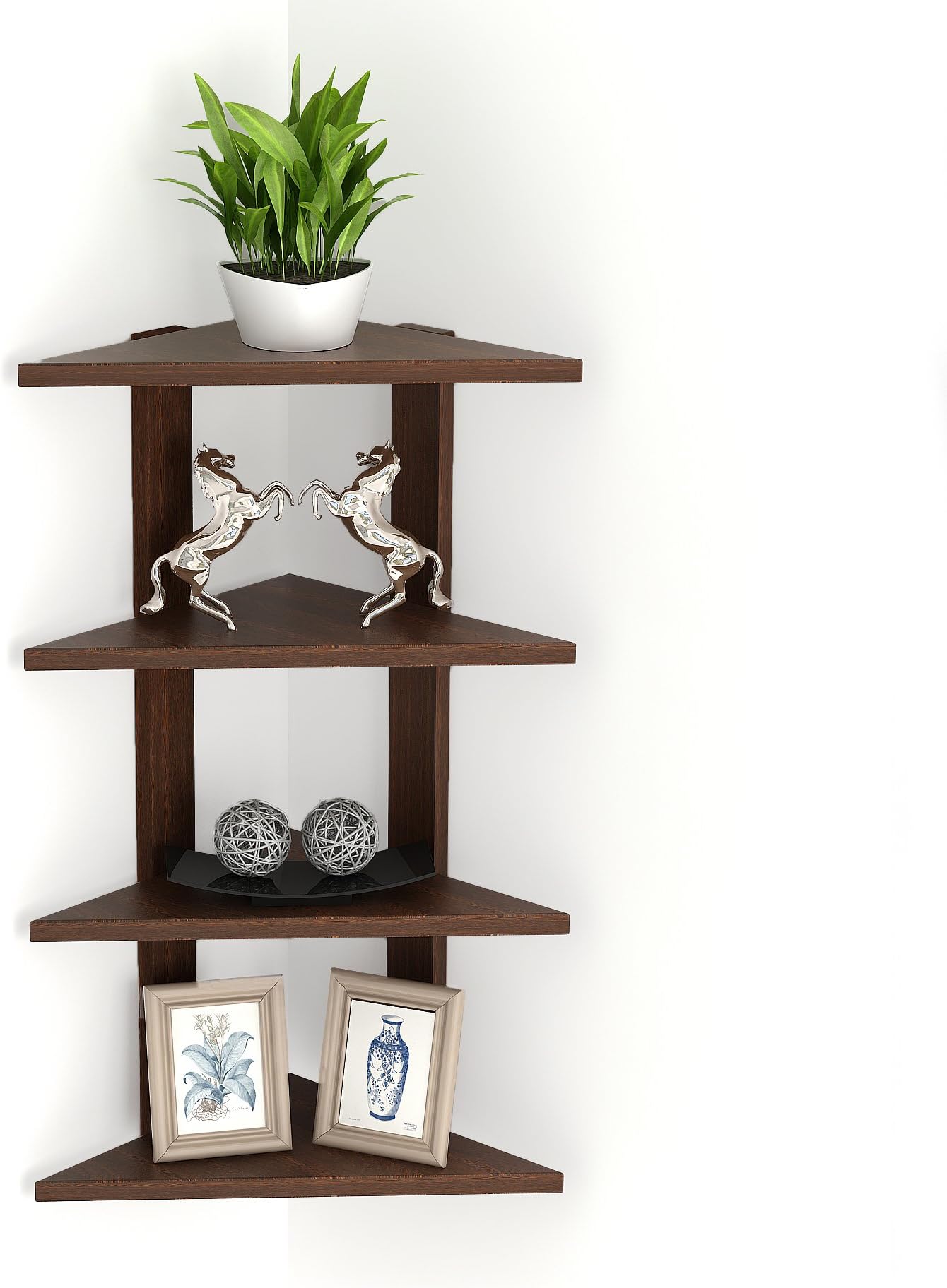 Wudville Bluewud Braine Engineered Wood Wall Mount Corner Shelf, Display Rack, (4 Tringle Shelves - Wenge)