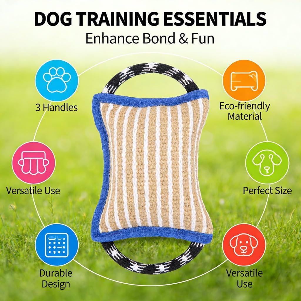 Bite Tug Toy for Dogs, Jute Biting Pad with 3 Handles, Tear Blue Pillow 10.2x7.1in - Durable Training Tool, Interactive Tug - of - War Play, Ideal for Puppy and Adult D (Blue)