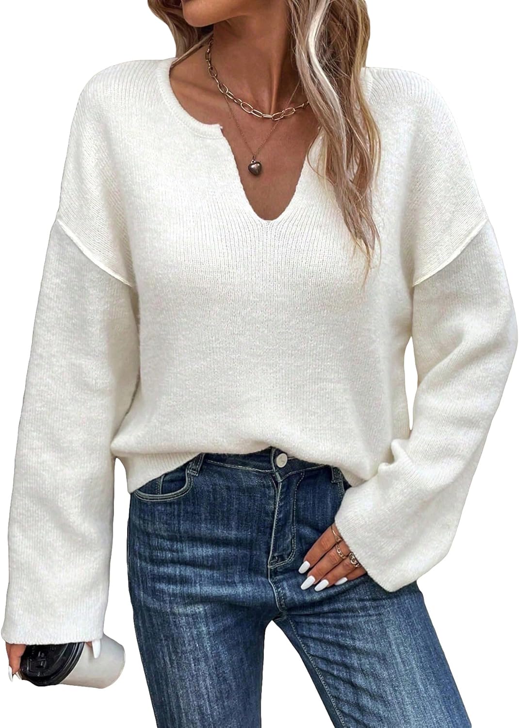 SHENHE Women's Notched V Neck Long Sleeve Drop Shoulder Sweater Pullover
