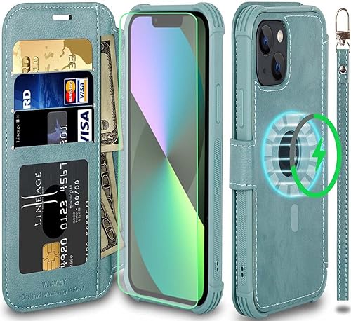 VANAVAGY Funda tipo cartera compatible con iPhone 13 Mini MagSafe, funda de piel con tapa RFID con soporte para muñeca, carga inalámbrica con