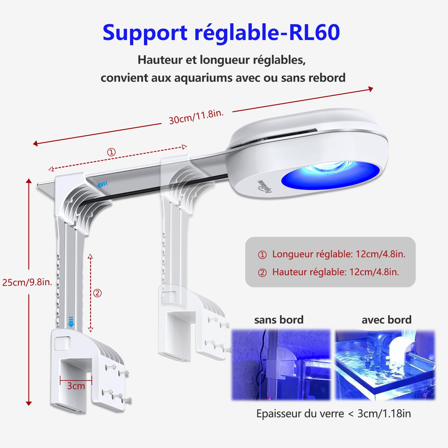 PopBloom RL60 WiFi LED Lumière d'aquarium, 60W Dimmable Éclairage Aquarium avec contrôle APP, Reef LED pour d'eau de mer Récifs Coralliens (Blanc, RL60)