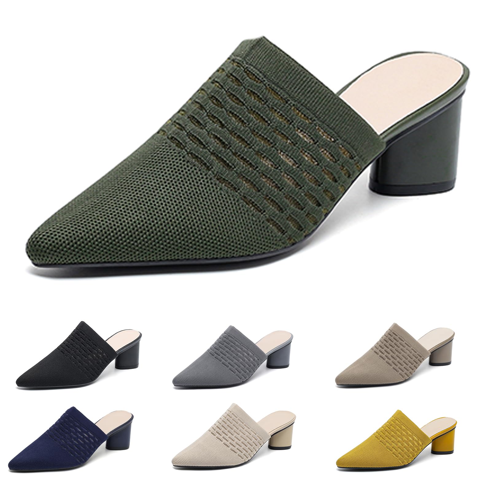 ZLNMLD Women’s Knit Mesh Chunky Heel Mules Closed Pointed Toe Backless Slip On Mid Block Heel Dress Slide Sandals Summer Breathable Daily Party Pumps
