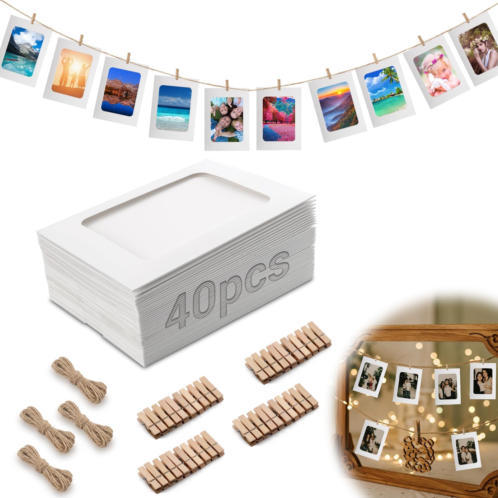 40 stuks fotoslingers, 10 x 15 cm, fotohanger, wit, fotolijst, karton