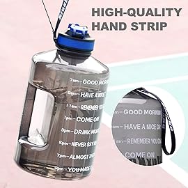 SLUXKE Gallon Water Bottle with Time Marker and Handle BPA Free, 128oz Leak Proof Sports Water Bottle with Straw, One Click Open Sports Bottle Jug for Camping Yoga Sports Gray