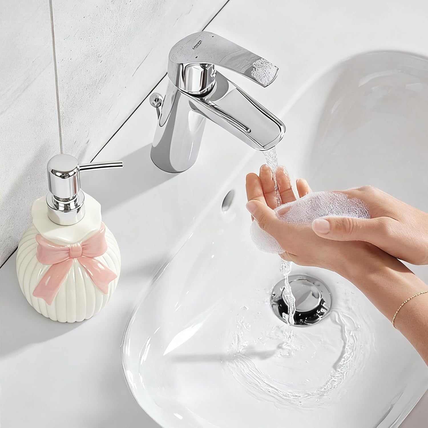 10Oz Ceramic Pump Bottle with Bow - Refillable Soap Dispenser for Hand Soap, Lotion, Shampoo or Body Wash, Cute Soap Holder Kitchen & Bathroom Decor, Countertop Accessories Gift - Image 6