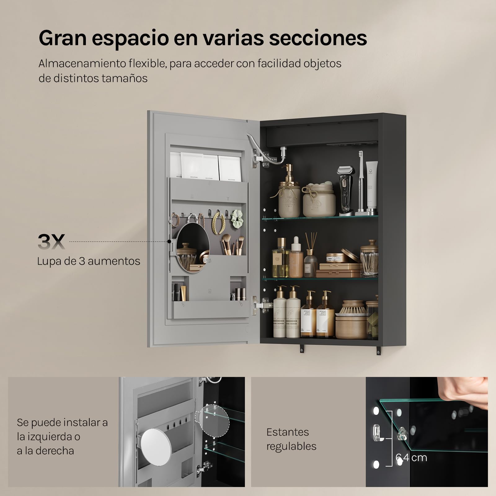WOLTU Espejo de Baño con LED, Espejo con Espacio de Almacenamiento, Función Antivaho, Estantes Ajustables, Lupa de Aumento 3×, 1 Puerto USB, 1 Puerto Type-C, 2 Enchufes, 14,5×50×70 cm, Negro