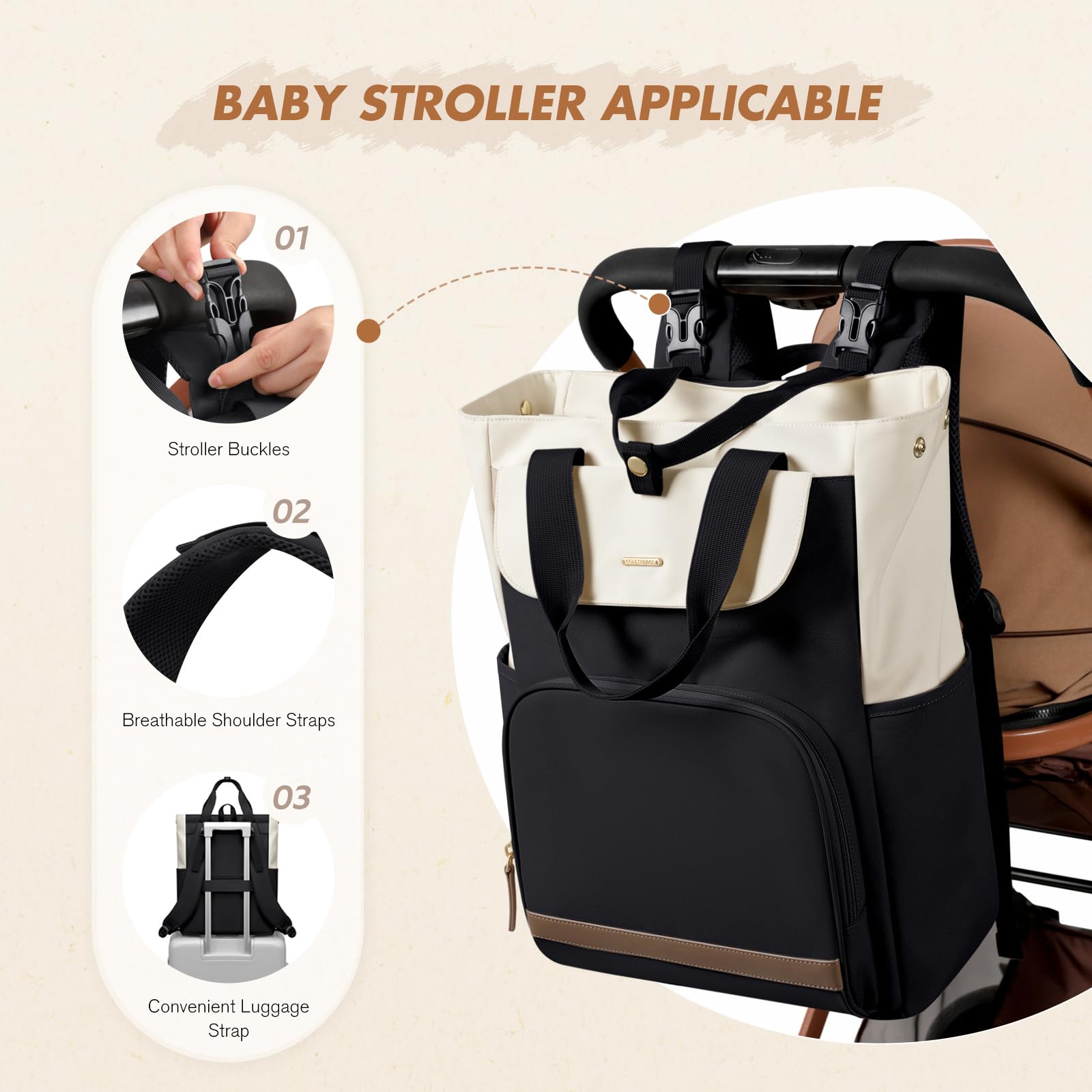 Zaino Fasciatoio Neonato Multifunzione 25L con Fasciatoio Portatile e Ganci Passeggino, Termico, Nero & Bianco