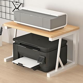 2 Tier Small Desktop Printer Stand, Wood Desk Printer Table, Multi-Purpose Printer Shelf for Home, Office Fax Machine, Scanner, Files (Light Walnut)