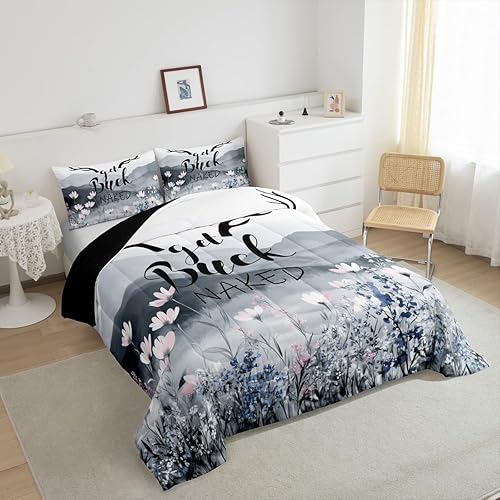 Miniatura 4 de Juego de edredón de cornamentos, juego de ropa de cama tamaño Queen con ciervos y alces para niños y niñas, edredón de ciervo, ciervo, flores de