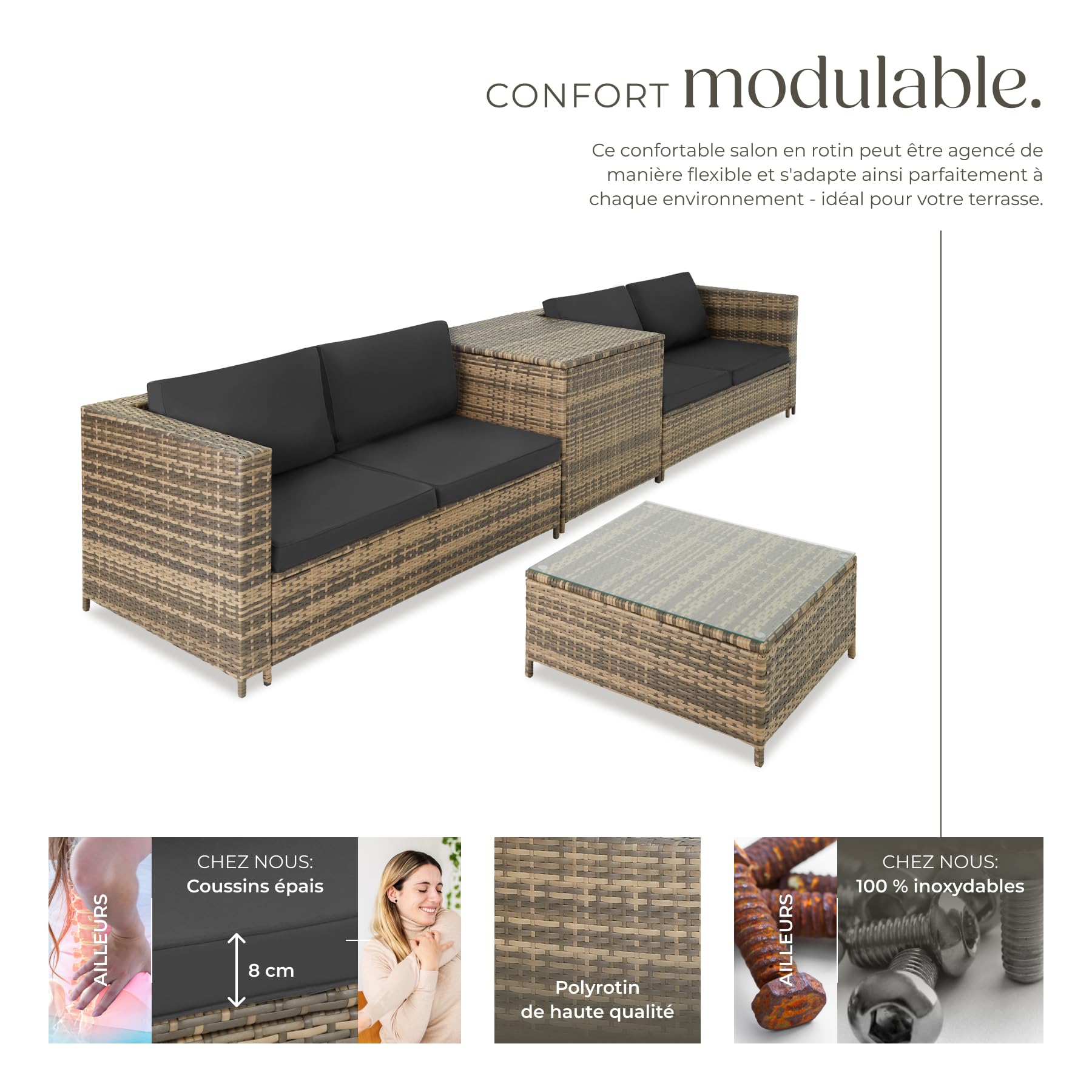 tectake® Ensemble Salon de Jardin Exterieur en Poly Rotin 4 Personnes, 2 Canapés modulables, Coffre de Rangement et Table de Jardin en Verre Inclus, Mobilier de Jardin pour Amenagement Balcon