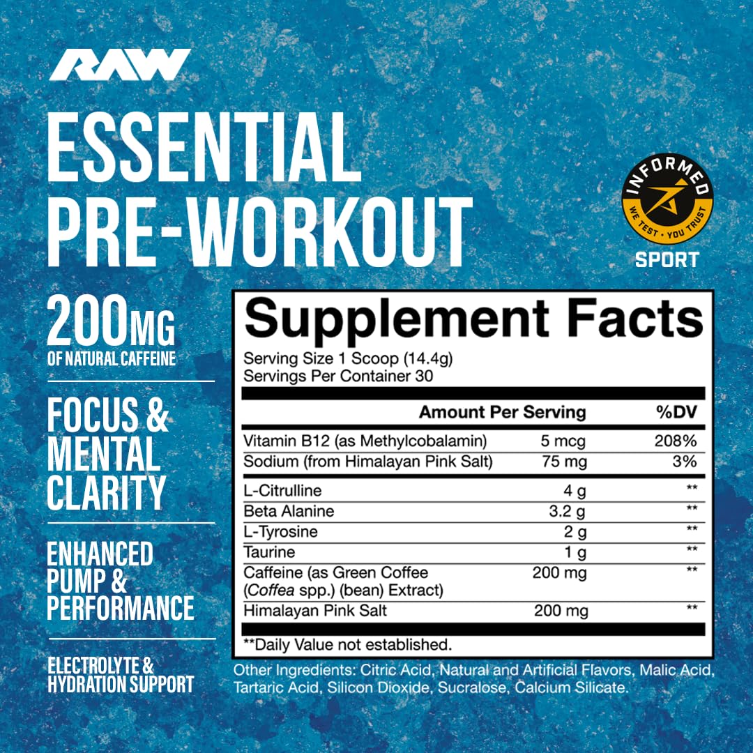 RAW Nutrition - Essential Pre - Chris Bumstead Pre Workout Formula, Sports Nutrition Pre-Workout Powders | Men & Womens Drink, Energy Powder for Working Out (Blue Raspberry) — Amazon image 2
