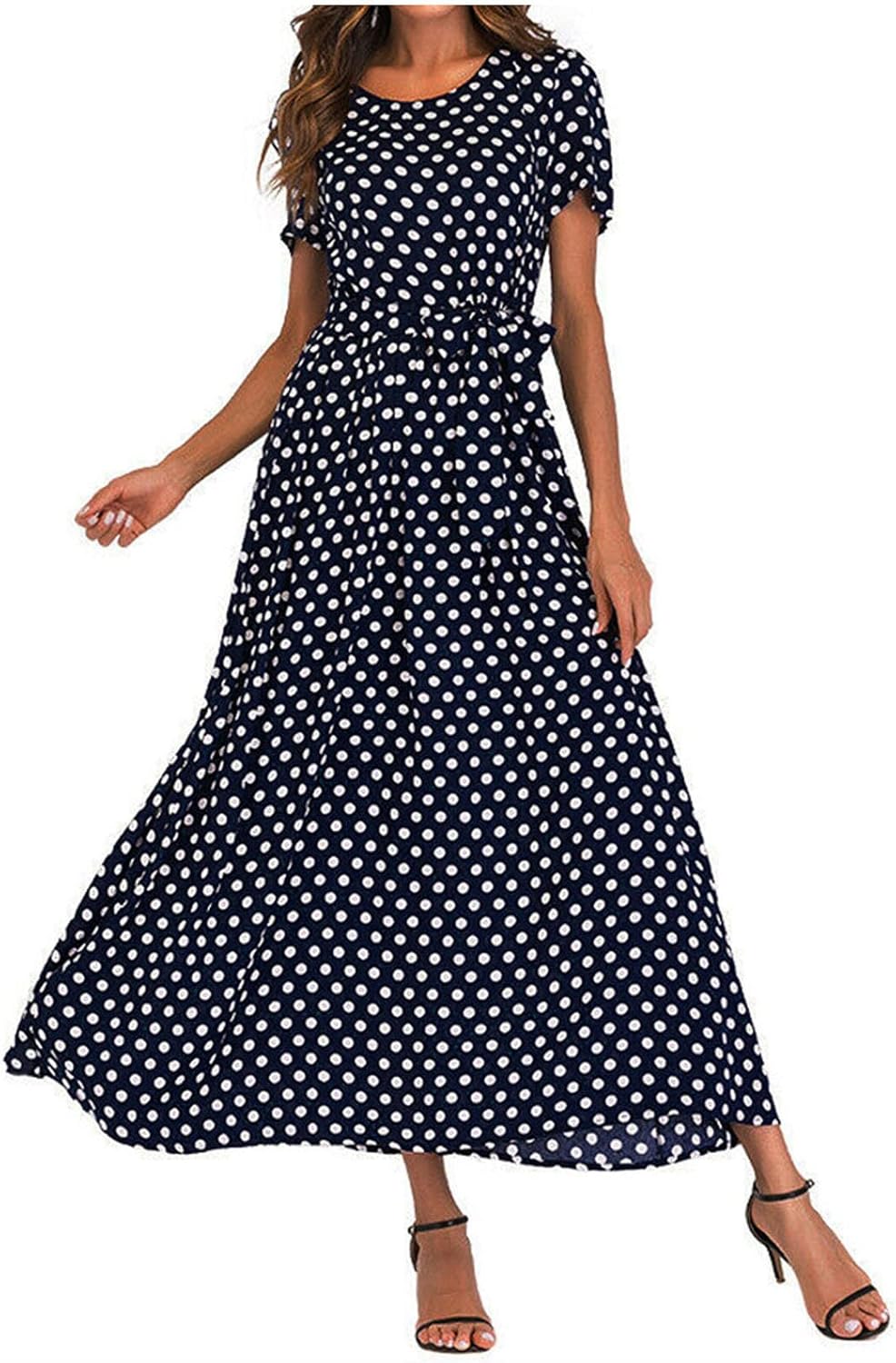 Maxi Dress for Women Boho Summer Polka Dot Print Casual Short Sleeve Long Dresses Flowy Swing Beach Sundress - Image 4