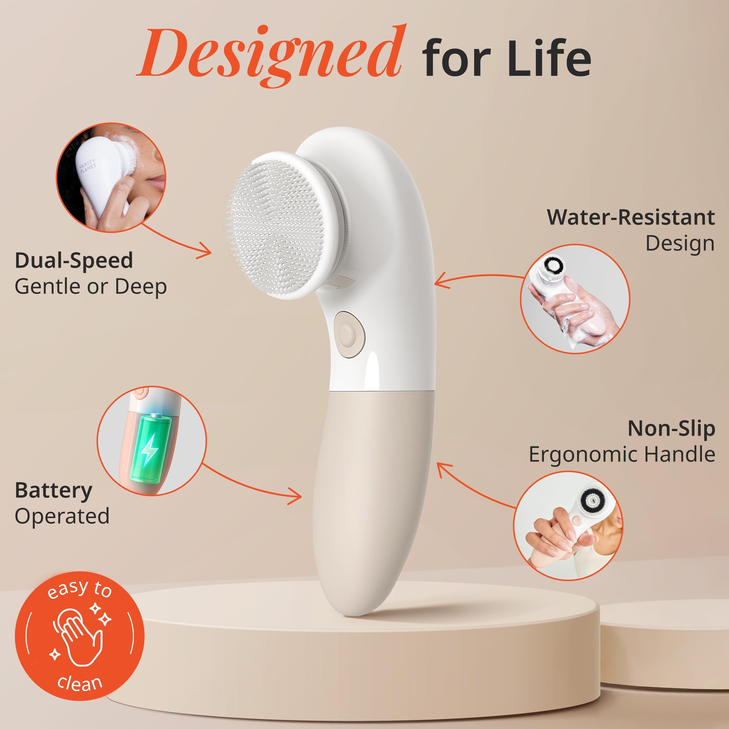 Vanity Planet (Warm Gray) - Raedia Facial Cleansing Brush - Warm Grey - 3 Interchangeable Face Brush Heads and Body Brush - Lightweight Daily Exfoliator for Glowing Skin - Water Resistant