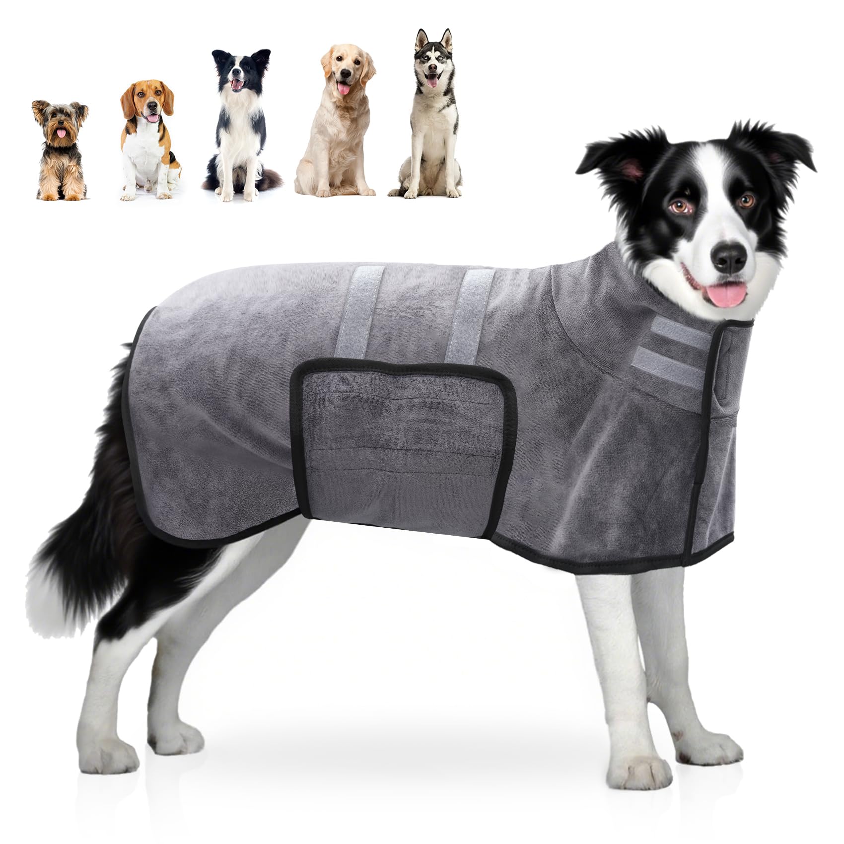 Hundebademantel, Hunde Bademantel Mikrofaser Schnelltrockend, Hundehandtuch mit Klettverschluss und Verstellbarem Schrumpfband, super saugfähiger Haustier Trockenmantel(Große Hunde)