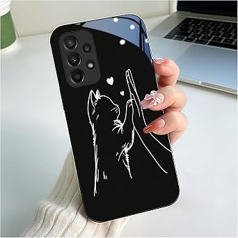 Branwen for Samsung Galaxy A23 Case 6.6 inch Cat & Hand High Five Pattern, Glossy Smooth Hard Finish case, Cute & Minimalist & Playful Style, Cat Lovers, Daily Gift