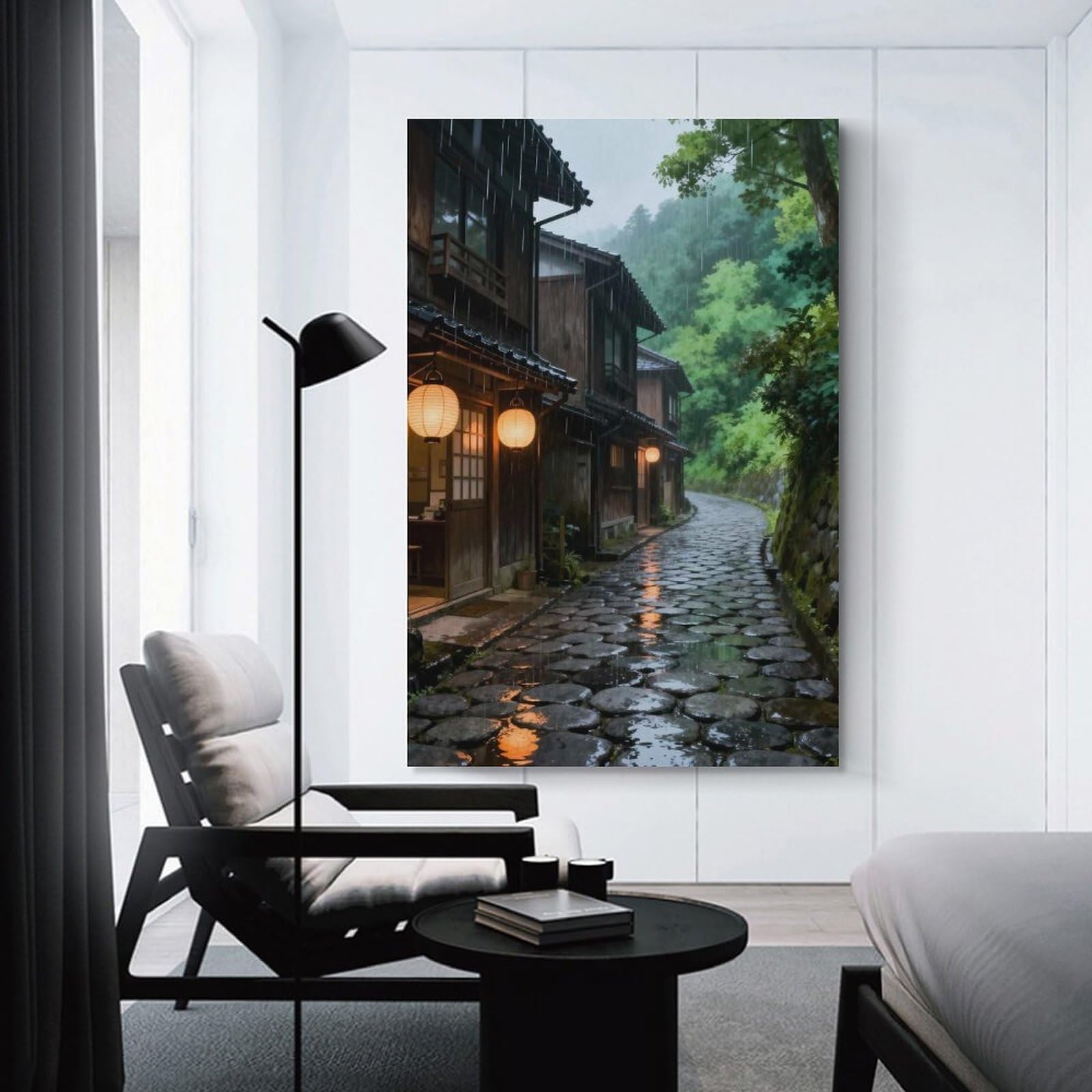 Junmoney Unframe-Style-2 Rainy Japanese Street With Lanterns Wall Art Print, 20X30inch(50X75cm), For Living Room, Bedroom, Office Or Hallway, A Flexible Wall Accent For Shared Spaces