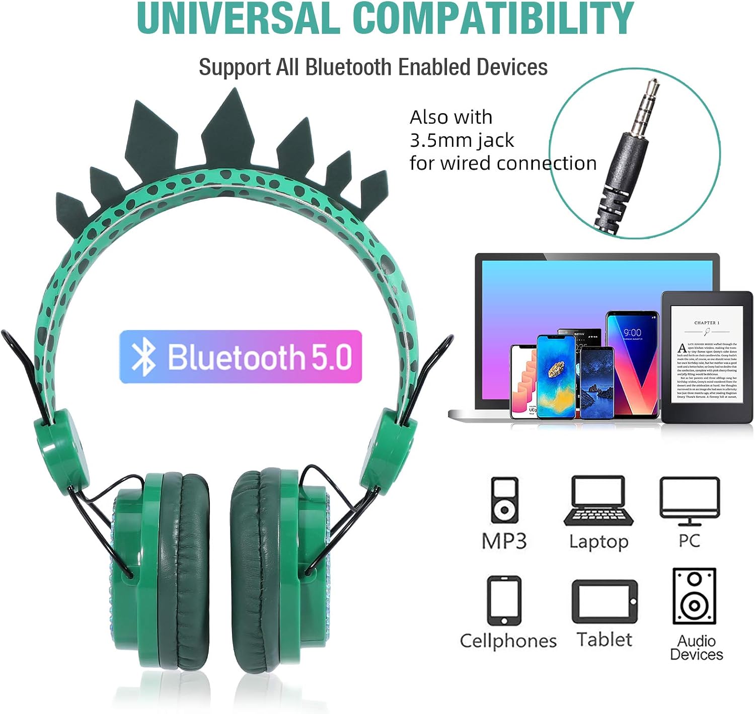 Kids Headphones Boys Wireless Bluetooth Headset w/Mic Over On Ear for School/pc/ipad,Dinosaur Headphones for Kids Children Girls, Volume Limited Adjustable Headset w/1pc Dinosaur Party Bag, Green