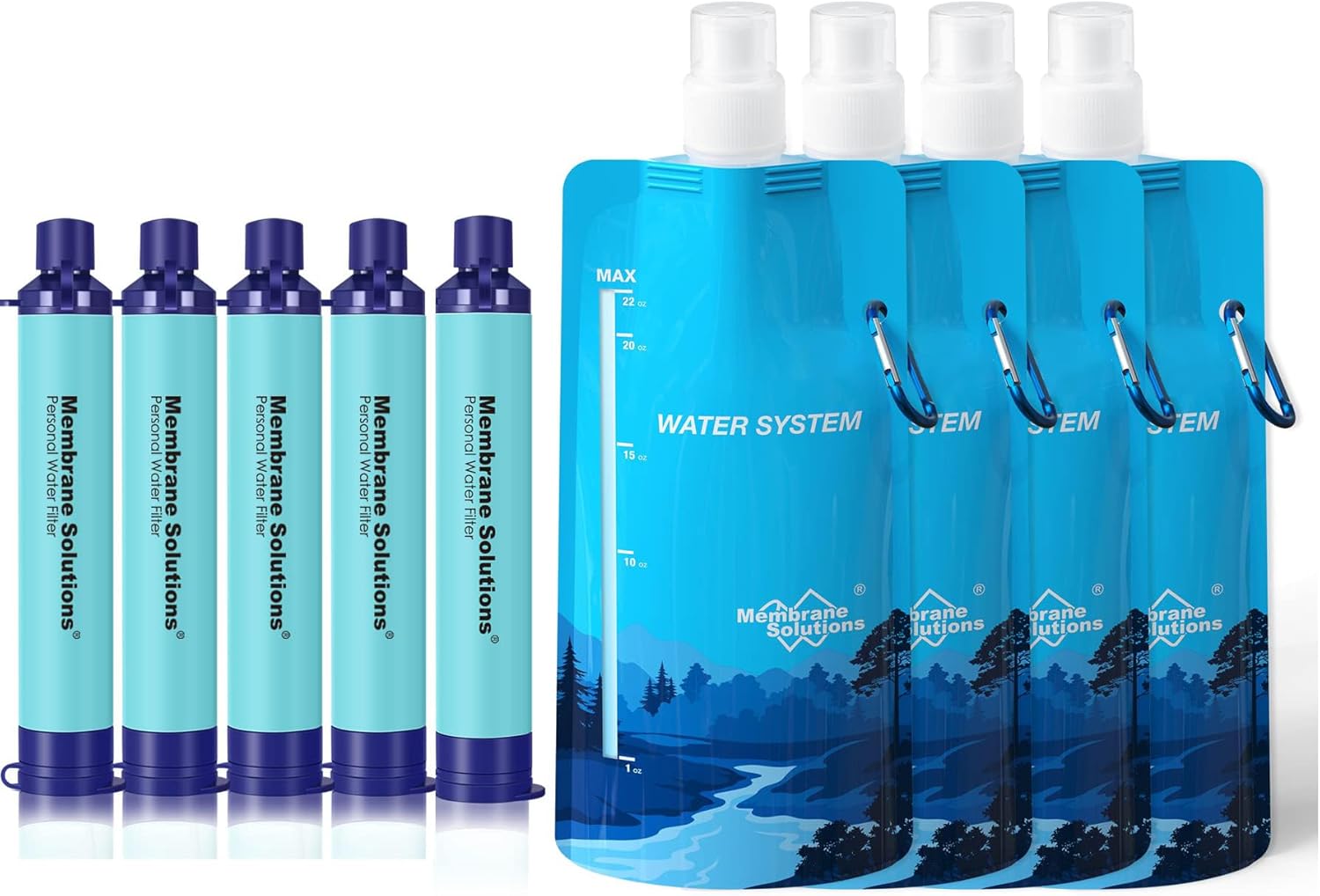 Membrane Solutions Squeezable Water Filtration System, Survival Water Purifier Kit, Portable Backpacking Gear Including Water Filter Straw and 23oz Collapsible Bottle for Hiking Camping Travel(5+4)