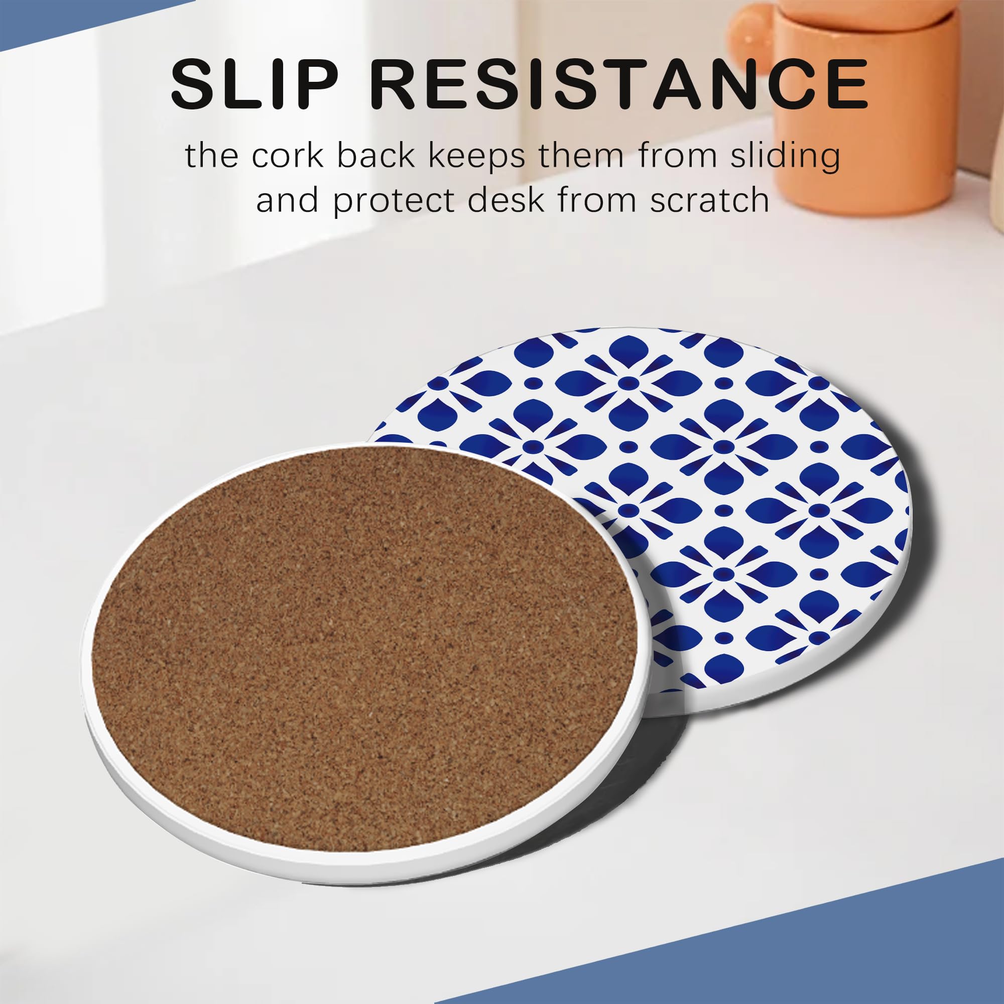 Handpainted Blue Pattern 6Pack Ceramic Drink Coasters,Quick-Absorb Stone Coasters with Anti-Slip Cork Backing & Metal Holder - Image 2