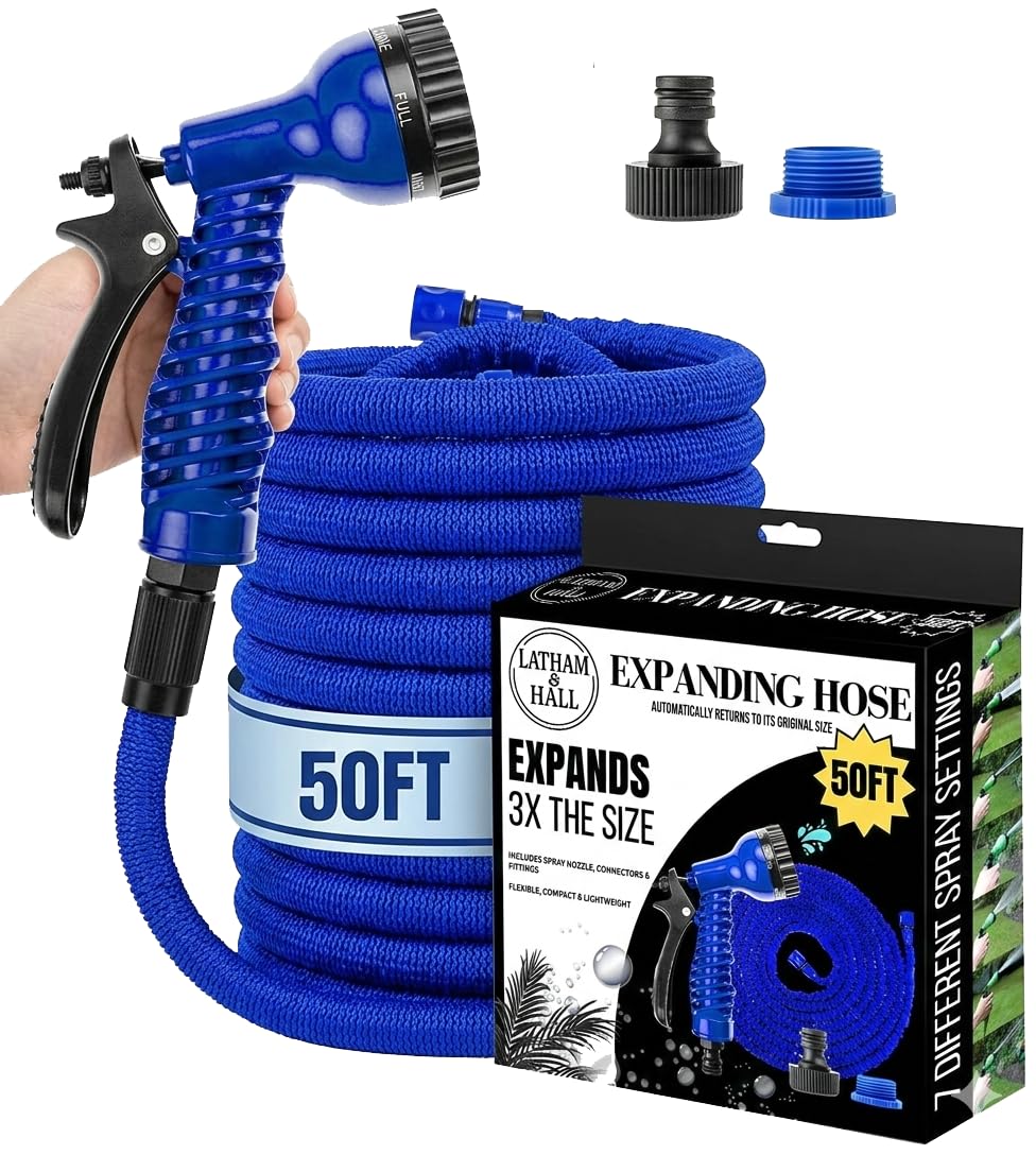 LATHAM & HALL 50FT Expanding Garden Hose Pipe – Flexible, Lightweight, Kink-Free Water Hose with Spray Nozzle – Green & Blue (Blue)