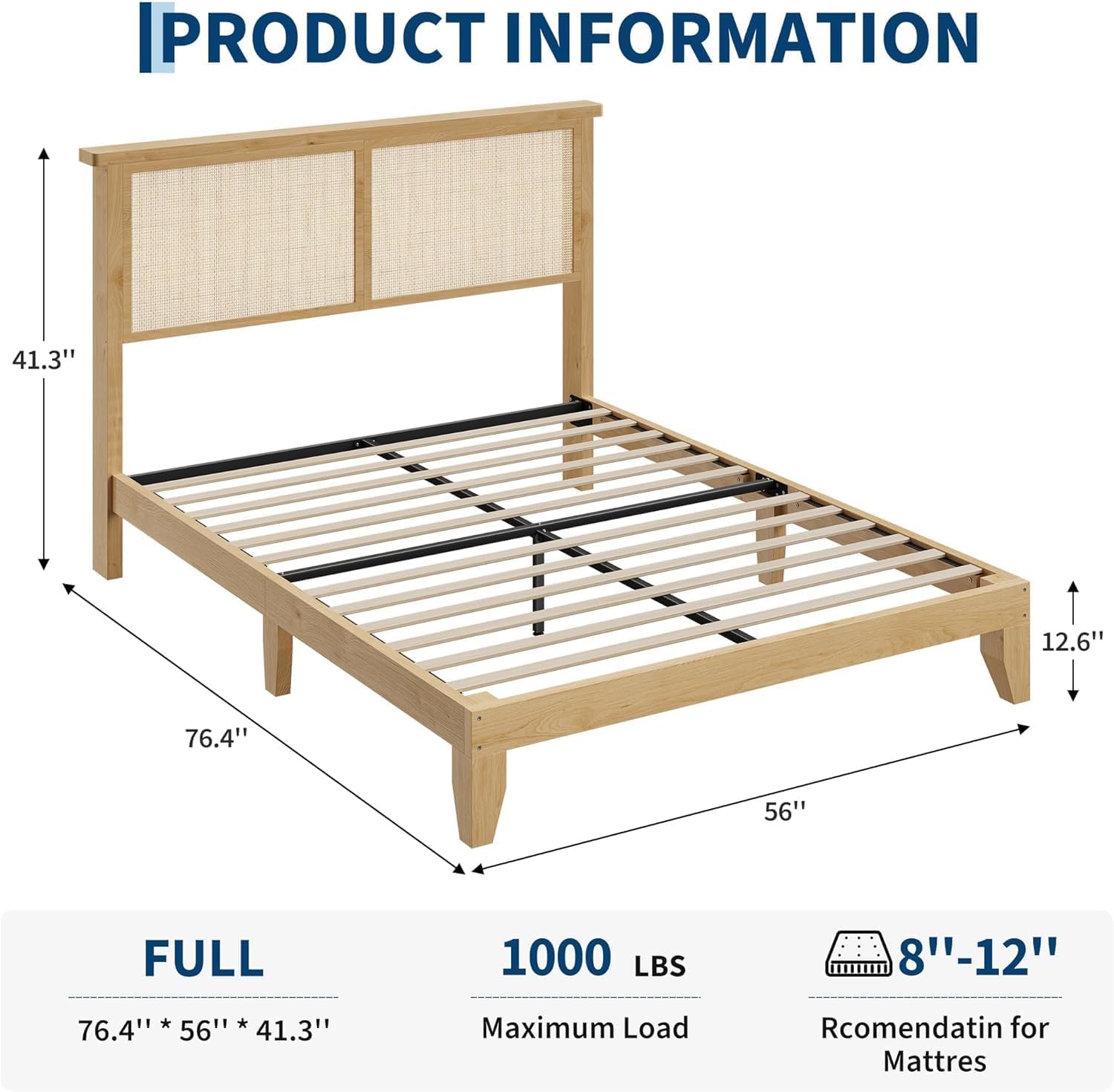 GAOMON Full Bed Frame with Natural Rattan Headboard, Full Size Platform Bed Frame with LED Lights & Curved Rattan Headboard & Wooden Support Legs, No Box Spring Needed, Easy Assembly