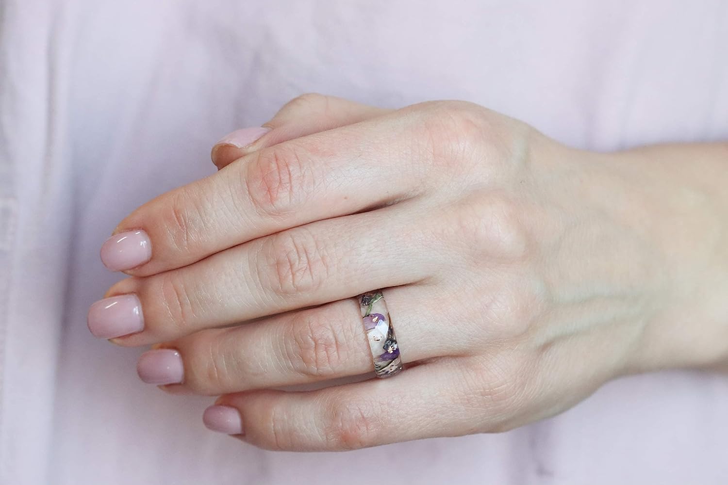 Floral Resin Ring Band with Pressed Lavender Flowers, Leaves and Gold/Copper/Silver Flakes, Real Flowers Inside